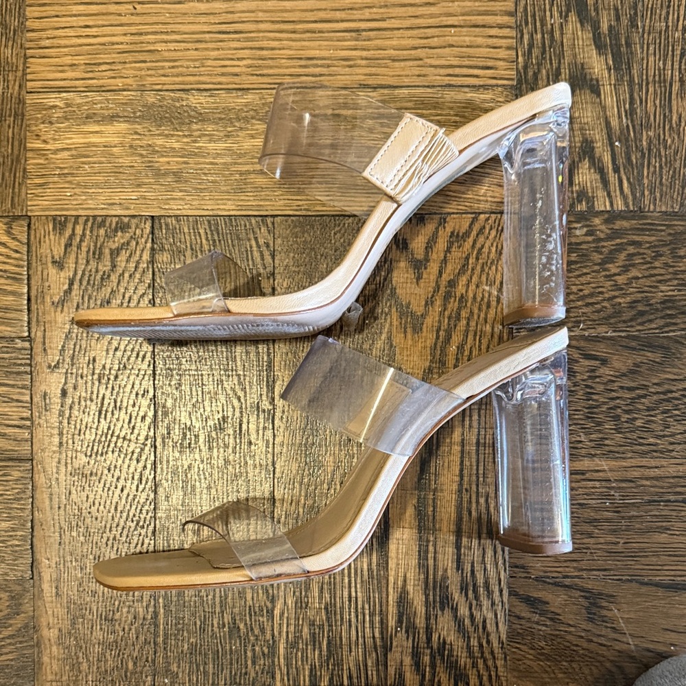 Schultz Clear Strap Block Heel Sandals - Beige Trim